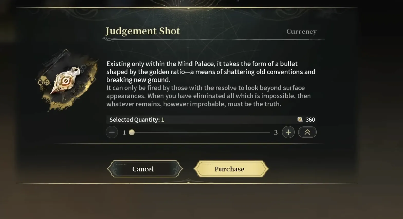 Silver Palace Judgement Shot currency detail screen showing its flavor text and a Selected Quantity purchase slider at 360 Reactor Crystals