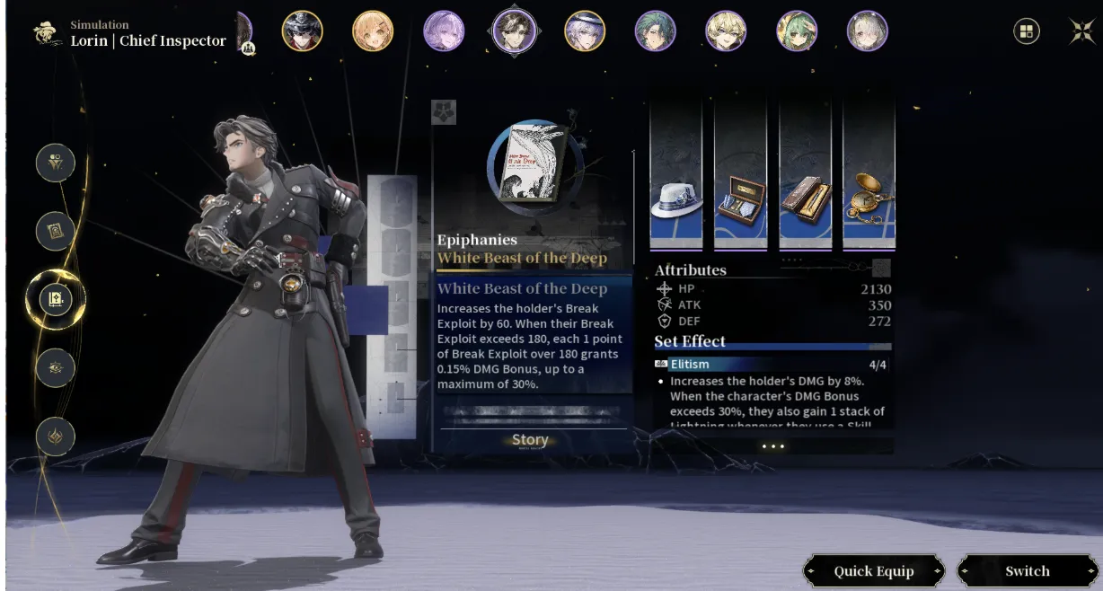 Silver Palace Character Simulation screen for Lorin, with the White Beast of the Deep Epiphany equipped beside four Implement slots and the Elitism set effect at 4 of 4 pieces