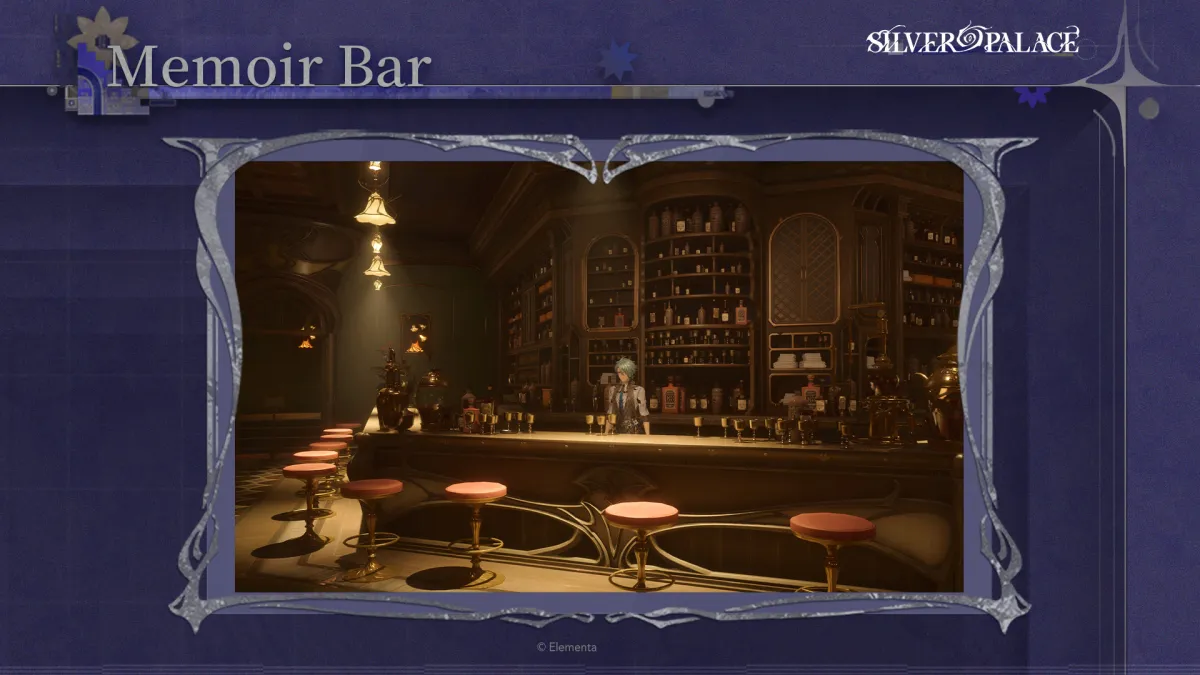 The Memoir Bar interior on Morgue Street in Silver Palace, a dim wood-panelled bar lined with bottles at dusk