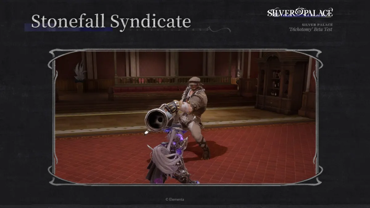 A Stonefall Syndicate thug wielding a cannon-like weapon on Morgue Street in Silver Palace