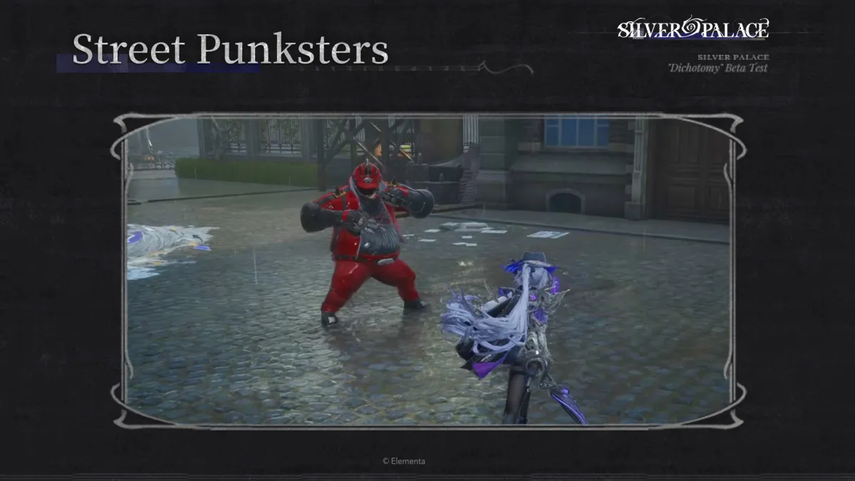 A Street Punkster enemy on Morgue Street in Silver Palace, a red-clad thug fighting in a rain-slicked alley, from pre-release beta footage