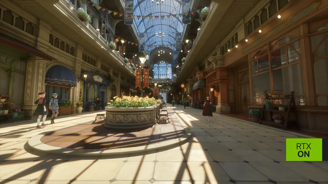 A sunlit Victorian shopping arcade in Silvernia with ray-traced shadows falling across the floor