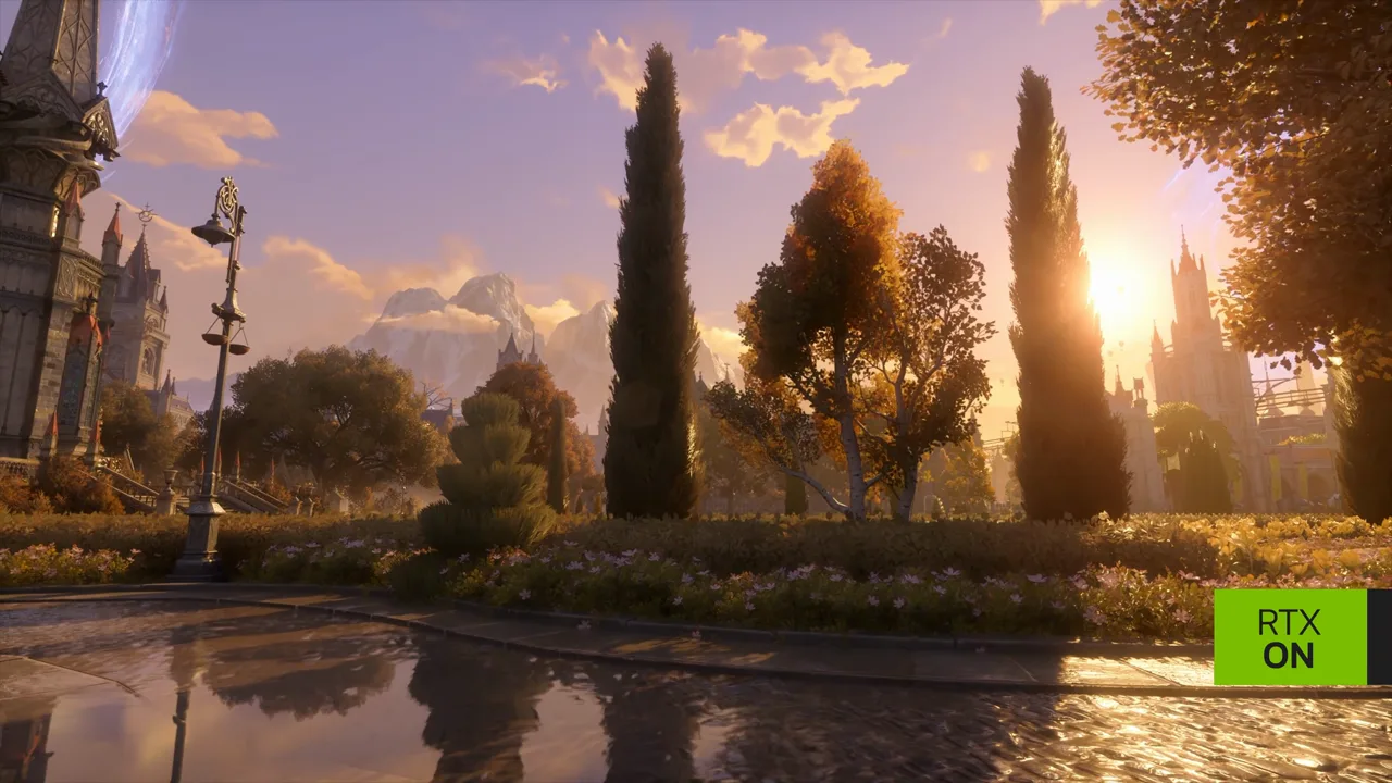 A sunset garden in Silvernia reflected in still water, from NVIDIA's Silver Palace ray tracing trailer