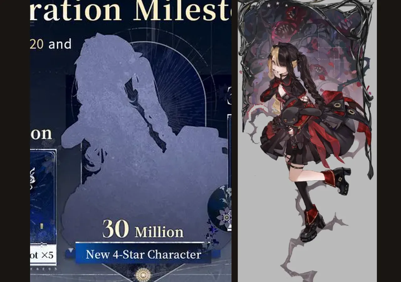 The 30 million 4-star silhouette from the official Silver Palace reward chart, next to a leaked design sheet of a twin-tailed girl in red and black plaid