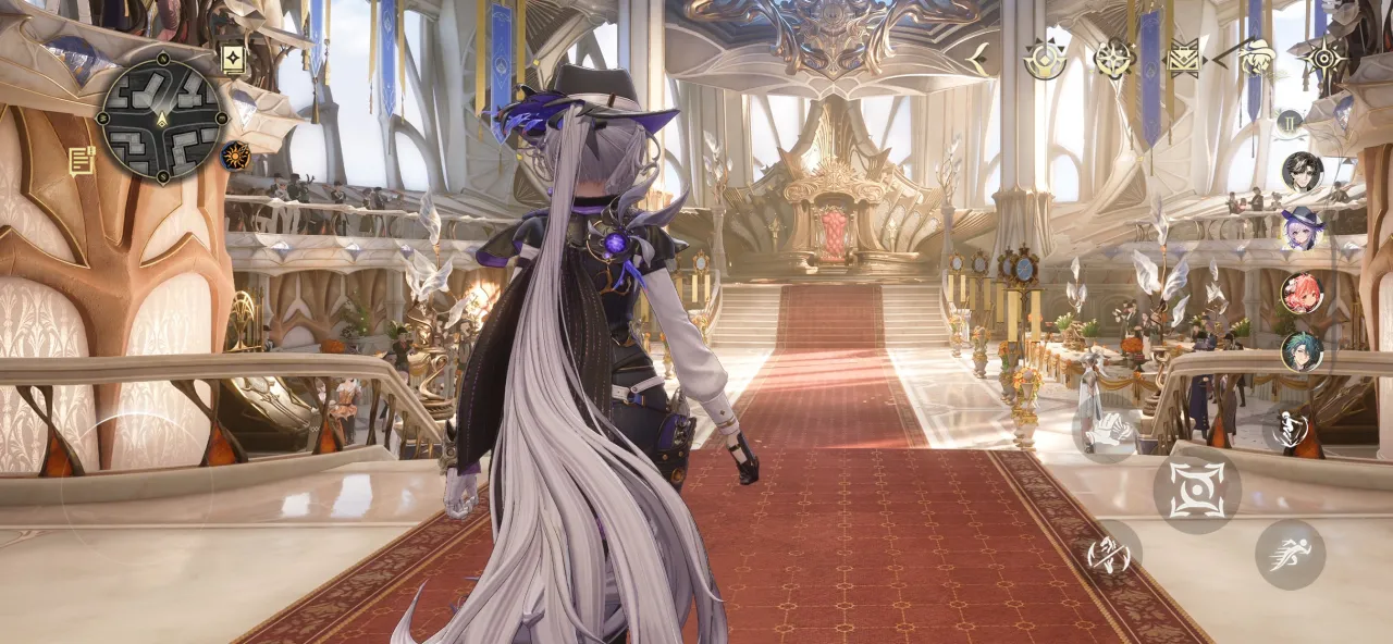The Detective walking a red carpet through a sunlit Silvernia throne room, from the official Silver Palace App Store screenshots, with the mobile touch controls visible
