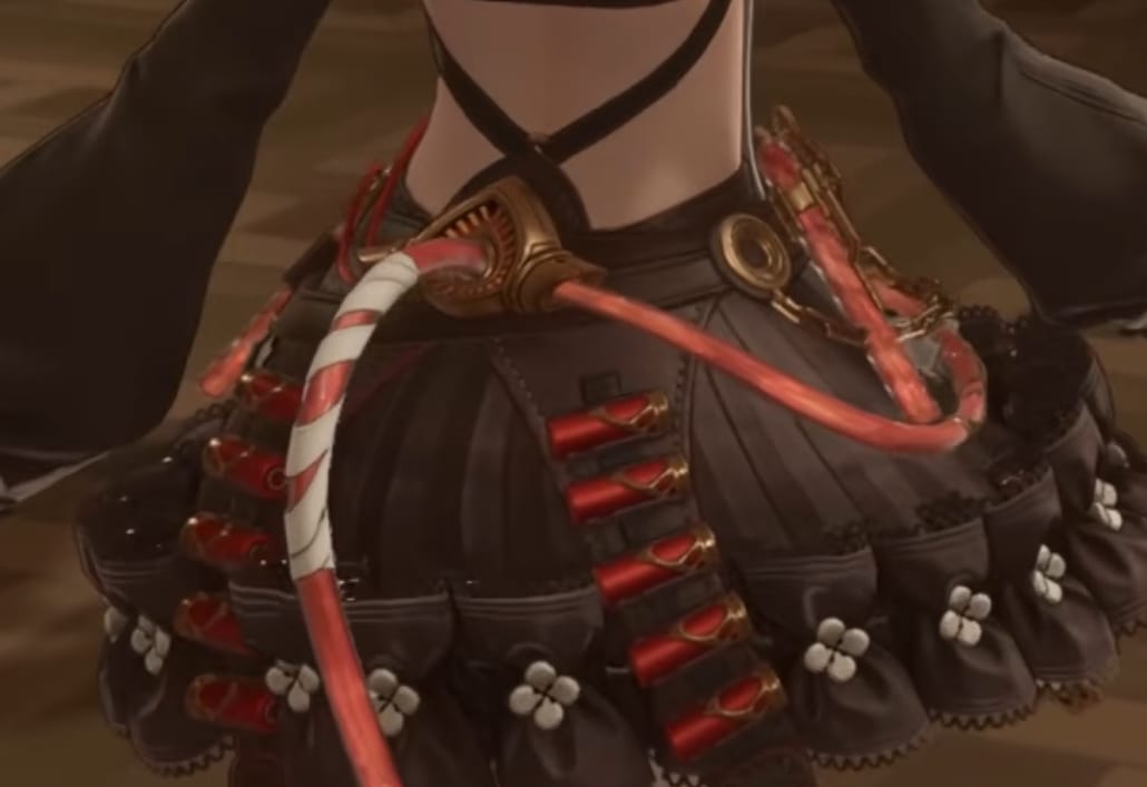 Silver Palace character with a red ammo-belt style catalyst rig strapped around the waist