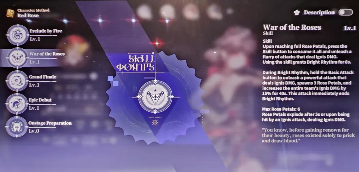 War of the Roses skill detail screen