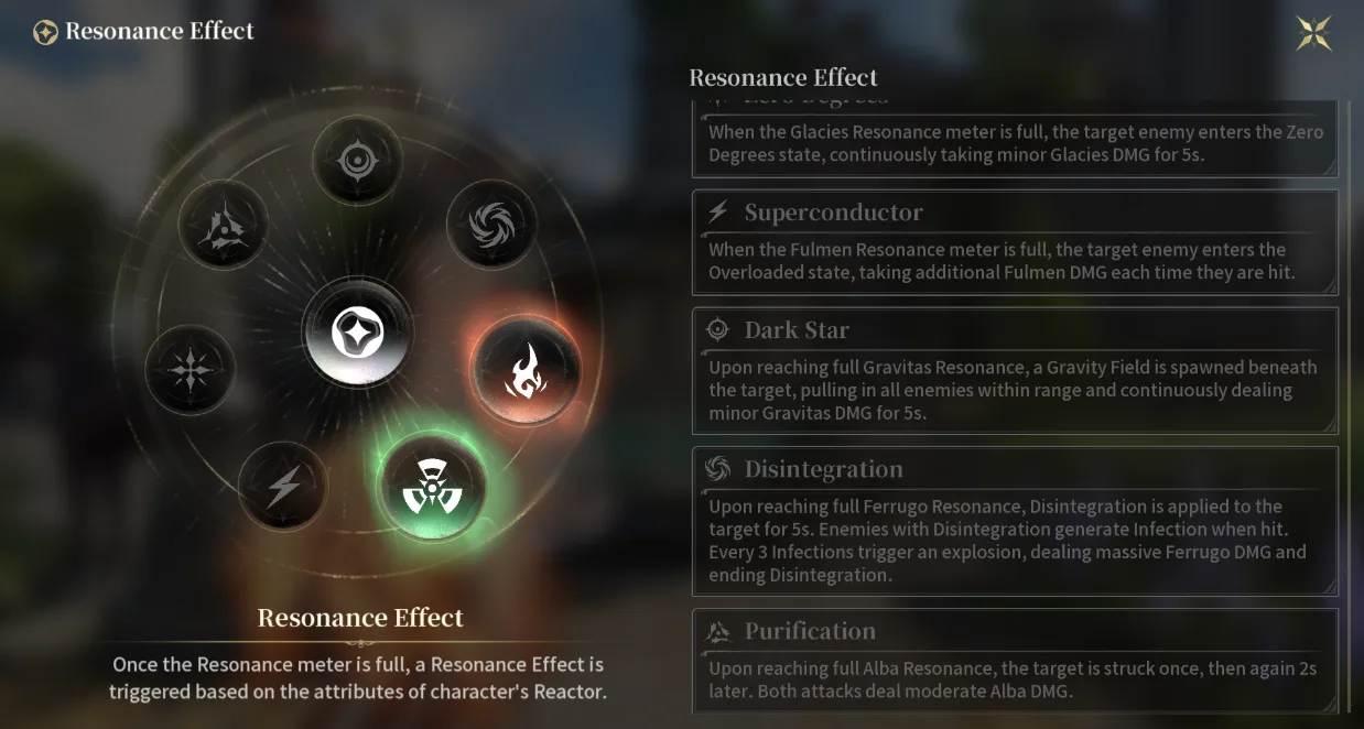 The Silver Palace Resonance Effect screen scrolled down to the Superconductor, Dark Star, Disintegration and Purification entries