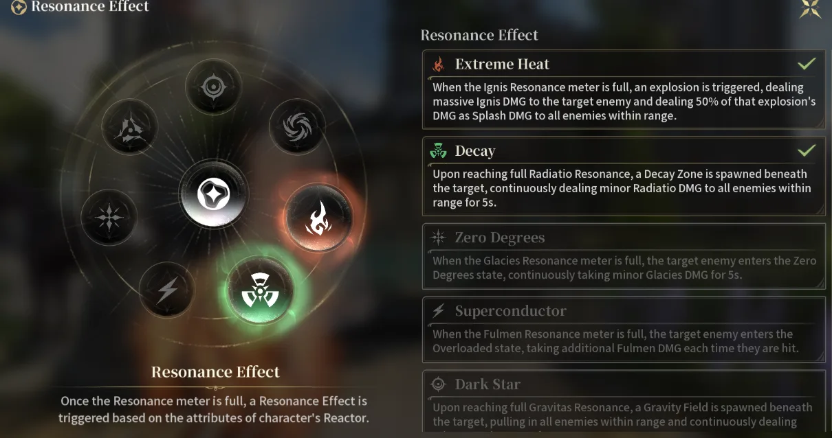 The Resonance Effect panel listing Extreme Heat, Decay, Zero Degrees, Superconductor and Dark Star