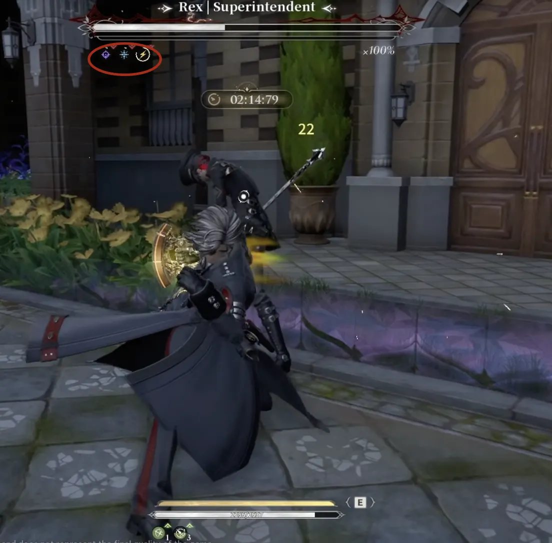 The Silver Palace combat HUD with the Resonance meter icons circled below the boss health bar
