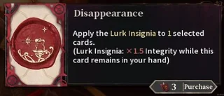 Scarlet Gambit Disappearance Wax Seal applying the Lurk Insignia for x1.5 Integrity while the card stays in hand