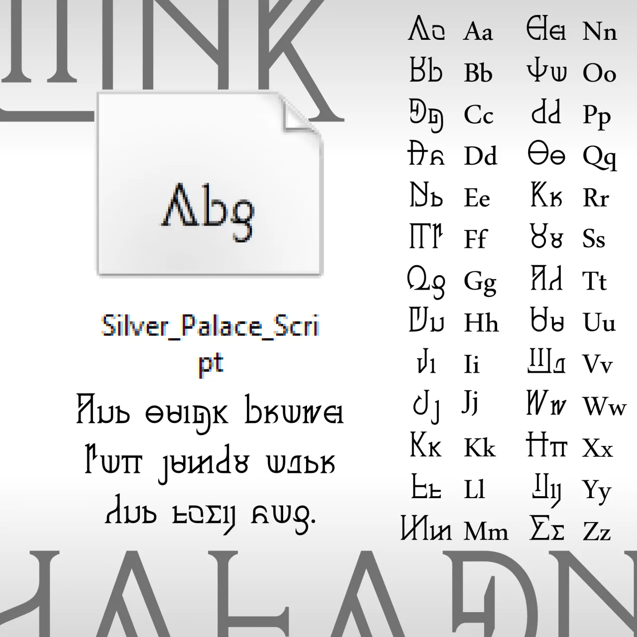Marloncha's Silvernia script key: each Latin letter from A to Z beside its Silvernia capital and lowercase form, with a pangram set in the script below a font file icon