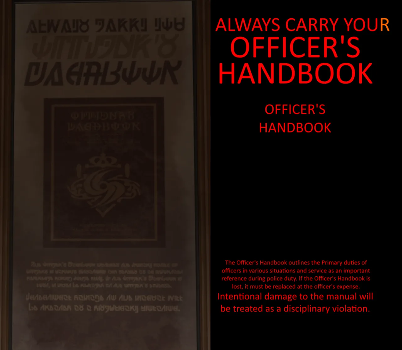 A framed Silver Palace constabulary poster in Silvernia script showing a handbook with a crowned crest, beside a full English translation in red