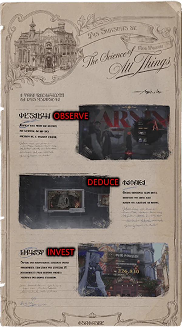A parchment promotional page titled The Science of All Things with three screenshots labelled in Silvernia script and annotated Observe, Deduce and Invest