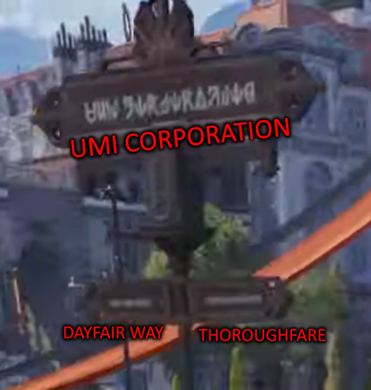 A carved wooden Silver Palace signpost headed with Silvernia script annotated as UMI Corporation, with two lower arms annotated Dayfair Way and Thoroughfare