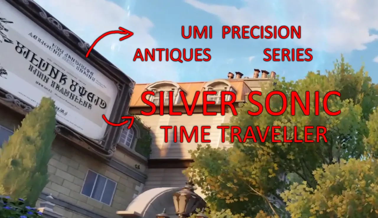 A billboard on a Silver Palace building advertising a UMI Precision Series product in Silvernia script, annotated as Silver Sonic Time Traveller