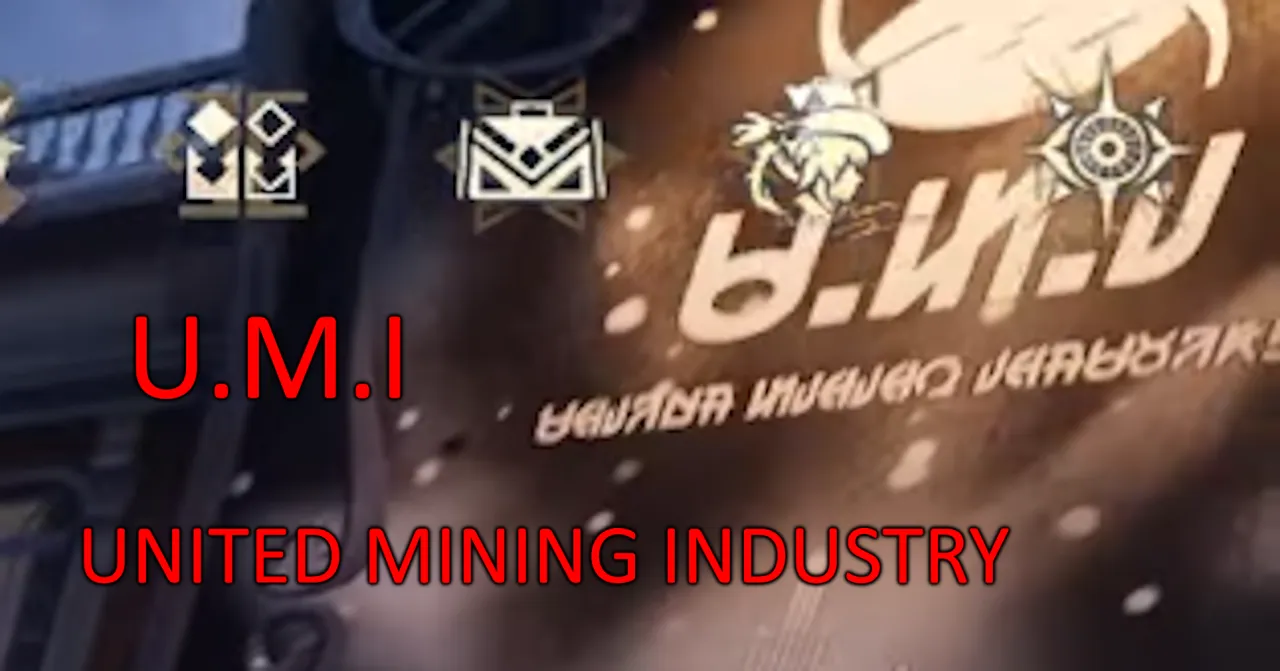 A dark Silver Palace sign with large letters U.M.I. and a smaller line of Silvernia script, annotated as United Mining Industry