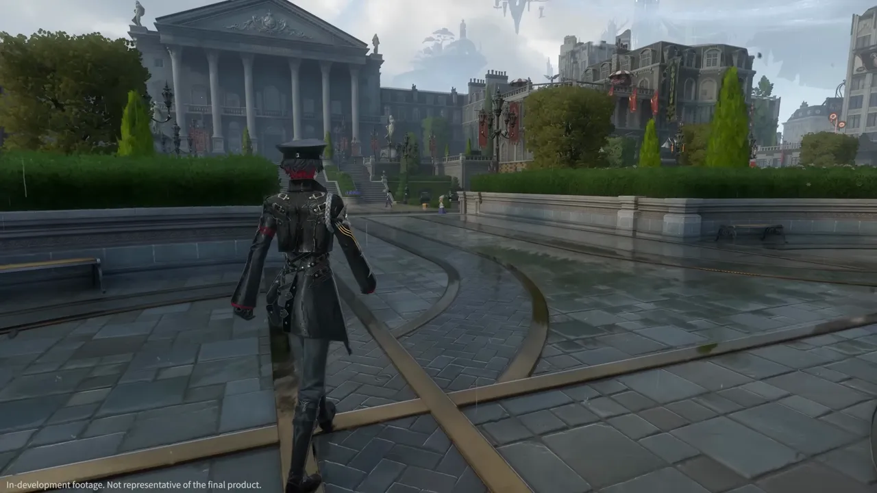 A neoclassical civic building with a colonnaded facade across a paved Silvernia plaza, a uniformed figure walking the path toward it with the wider city rising behind