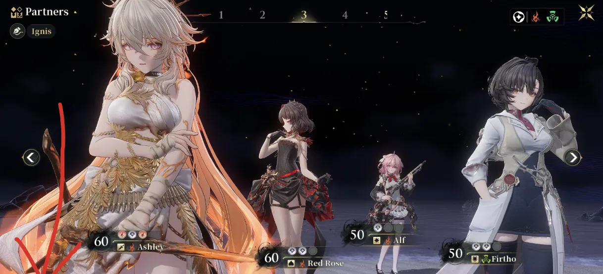 The Silver Palace Partners screen with a four-character team of Ashley, Red Rose, Alf and Firtho, each showing their level and role icons under an Ignis attribute filter