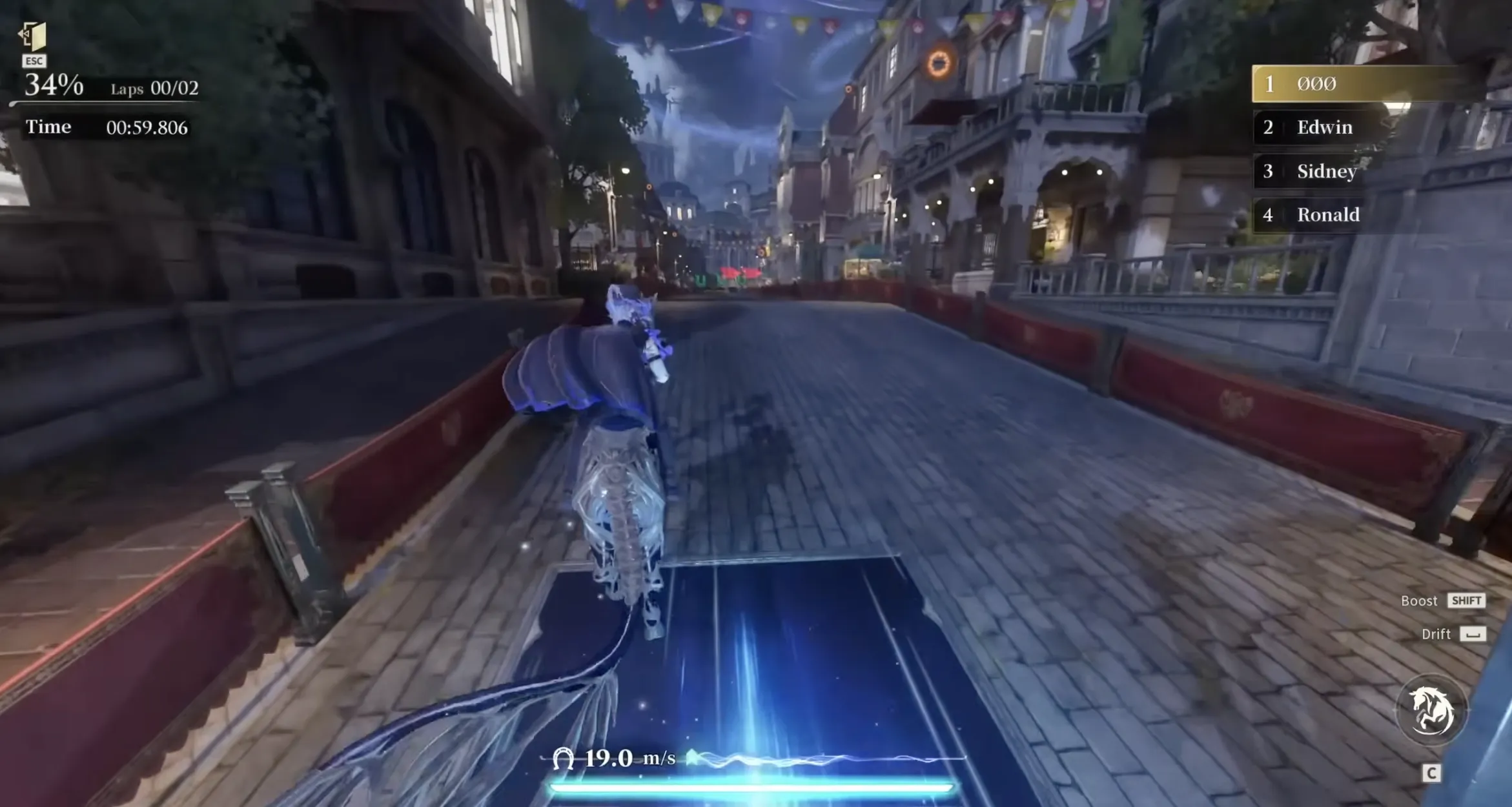 Silver Palace urban horse racing gameplay, riding a Silverium steed down a Silvernia street with a live lap timer and leaderboard on screen