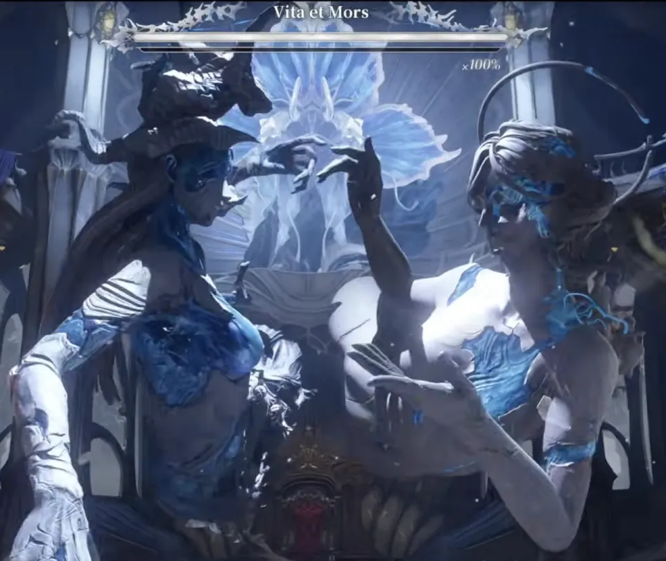 The Vita et Mors encounter with its boss health bar on screen