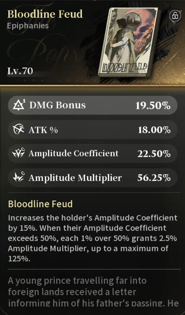 Silver Palace Epiphany panel for Bloodline Feud at Lv.70, showing its skull-and-prince cover art, four substats, and the Amplitude Coefficient effect text