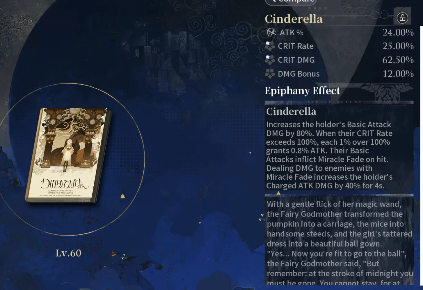 The Cinderella Epiphany detail screen at Lv.60, showing its cover art, substats and Miracle Fade effect