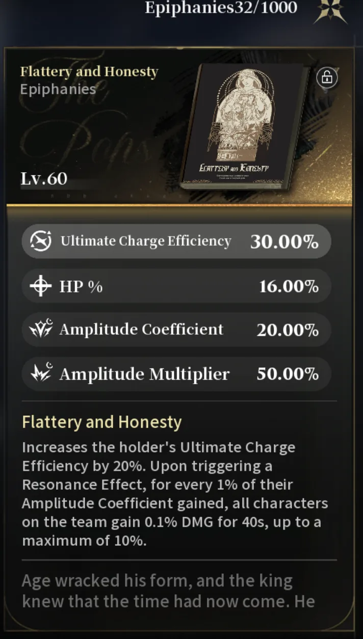 Silver Palace Epiphany panel for Flattery and Honesty at Lv.60, showing the crowned king cover art, Amplitude substats, and the Resonance Effect team DMG text