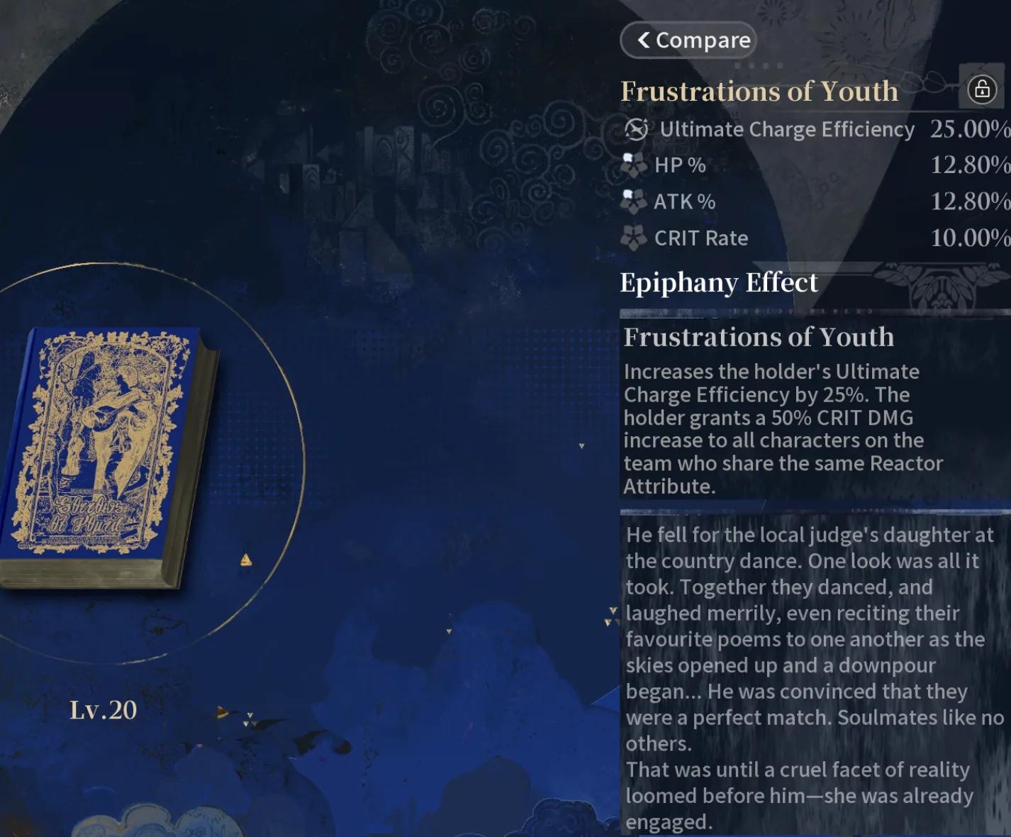 Silver Palace Epiphany detail screen for Frustrations of Youth at Lv.20, showing the blue and gold cover art and the shared Reactor Attribute CRIT DMG effect text