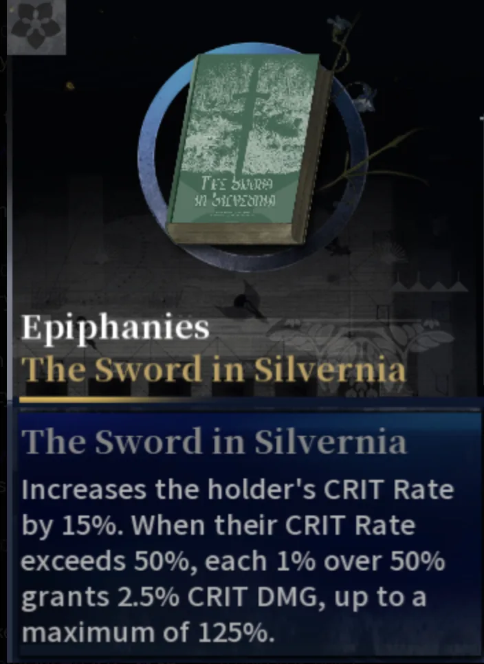 Silver Palace Epiphany tooltip for The Sword in Silvernia, showing the green stone-and-sword cover art and the CRIT Rate to CRIT DMG conversion effect text