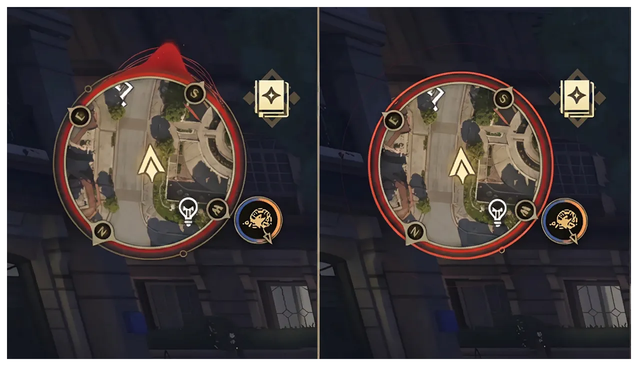 The Silver Palace Danger Radar shown twice side by side, the ring glowing steadily on the left and flaring brightly on the right
