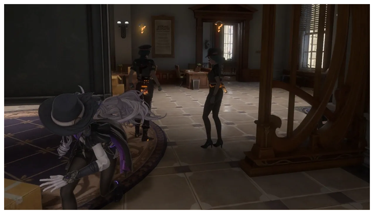 The Detective crouched low behind furniture in a panelled interior while two uniformed guards stand between her and the far door