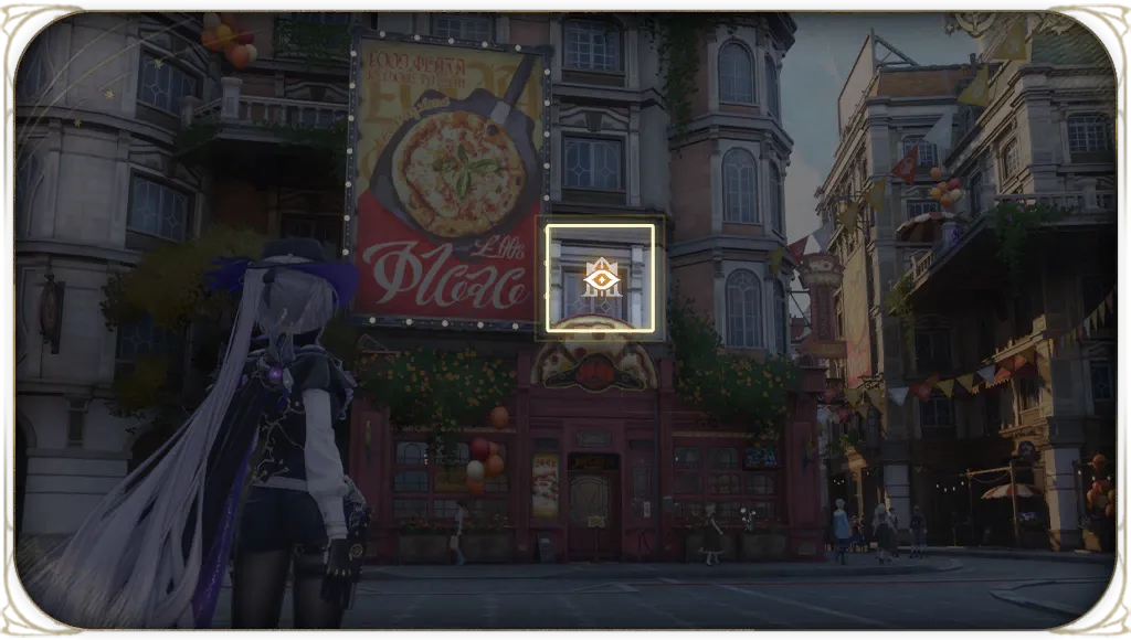 The Detective standing in a Silvernia street facing a pizzeria, with an observation marker highlighted on the building above the shop sign